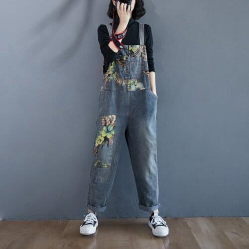 Bohemian Hippie Boho Vintage Floral Print Denim Baggy Boyfriend Jeans Pants Cotton Patchwork Spring Autumn Overalls Women Capris
