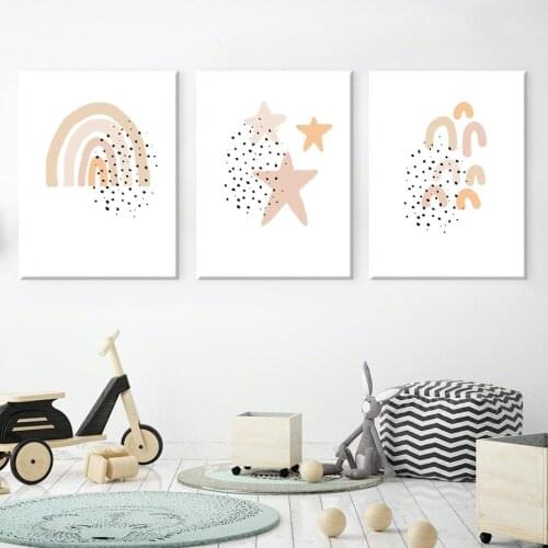 Kids Burn Orange Rainbow Canvas Painting Cartoon Star Point Wall Art Picture and Poster Printed for Baby Nursery Room Home Decor