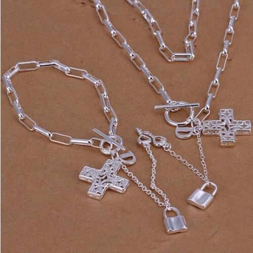 Hot selling 925 jewelry silver plated jewelry set fashion jewelry set Checkered Chain Necklace&Bracelet Jewelry Set SMTS004