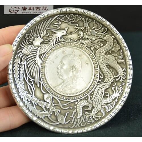 Chinese tibet silver dragon and phoenix statue Yuan big head, silver dollar coin Plate metal crafts Family decoration