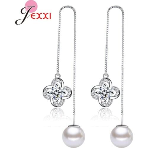 Classic Plant White Cubic Zirconia 925 Sterling Silver Drop Earrings With Freshwater Pearl Long Dangle Earring Jewelry Gift