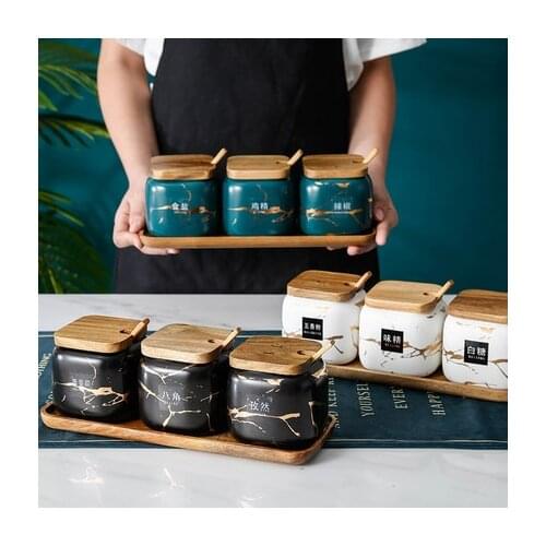 Kitchen Accessories 3piece/set and Tray Marble Pattern Ceramic Seasoning Box Salt Cans Spice Jar Bottle Cooking tools Spice rack