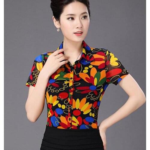 Summer Casual Woman Female Printed Floral Pattern Colored Short Sleeve Stretch Blouse Shirt , Pleated Painted Blouses For Women