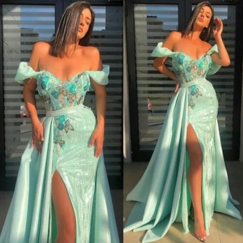 Mint Green High Split Mermaid Prom Dresses With Overskirts Sequins Lace Formal Evening Dress Special Occasion Dress