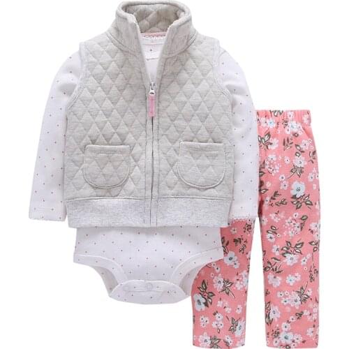Baby girl clothes cotton gray vest with pocket +dot Long sleeve romper+floral pants 2021 fall outfit newborn baby boy costume