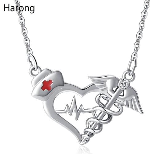 Harong Medical Scepter Heart Shaped Cross ECG Pendant Necklace Silver Plated Quality Crystal Charm Jewelry for Doctors and Nurse
