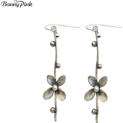 Banny Pink Ethnic Flower Pearl Long Pendant Earring For Women Retro Metal Plant Antique Chic Drop Fashion Jewelry