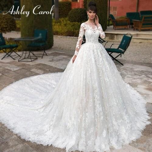 Ashley Carol Long Sleeve Lace Wedding Dresses 2020 Cathedral Bride A-Line Scoop Appliques Lace Up Wedding Gowns Vestido De Noiva