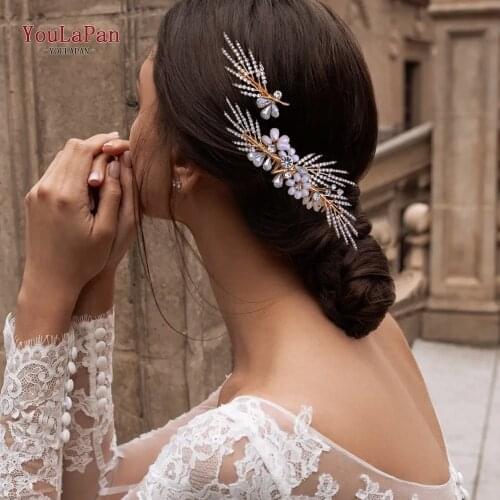 TOPQUEEN HP01 Wedding Tiara Hair accessories Golden Bridal Hair Comb Pearl Bridal hair Clips Diamond Bridal Hair Piece for Women