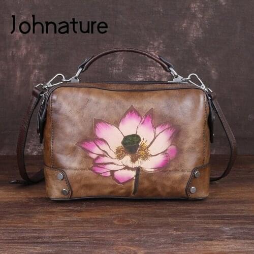 Johnature Vintage Hand Painted Women Handbag 2020 New Genuine Leather Floral Soft Cowhide Leisure Shoulder & Crossbody Bags