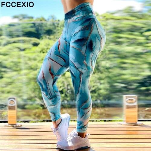 FCCEXIO Marbling 3D Print Womens Pants Push Up Running Sports Leggings Slim Pants Female Casual Trousers Fitness Leggings