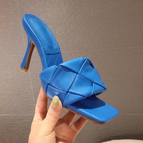 Women Shoes Summer Fashion Square Toe Open Toe Stiletto High Heel Woven Large Size Slippers