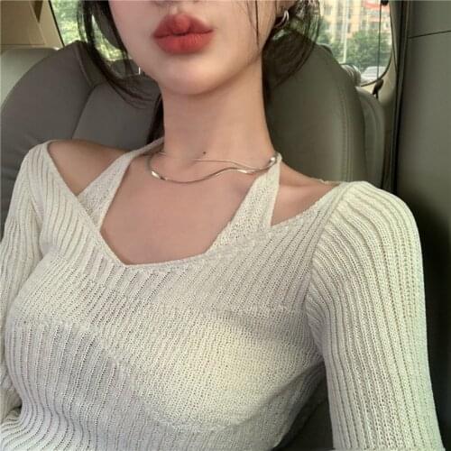 Womens Spring Autumn Fake Two-Piece Halter White Sweater 2021 New Long Sleeve Slim Tight Bottoming Sweater Top black