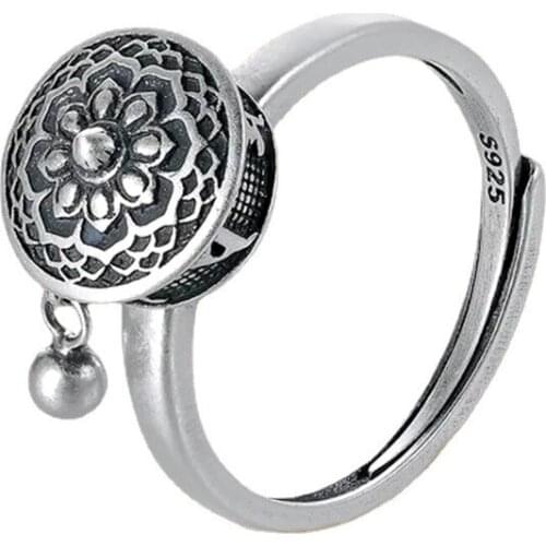 Retro Six Character Mantra Creative National Style Female Open Ring Silver Plated Lotus Rotating Amulet Belief Jewelry Girl Gift
