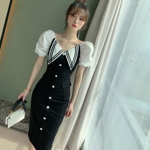 New arrival korean style fashion bodycon dress women elegant summer puff sleeve vintage temperament party black pencil dress