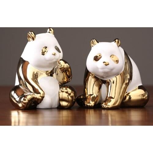 1pcs Europe high quality ceramics Golden panda figurines miniature tabletop crafts Office Home Decoration Accessories