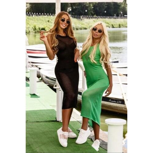 2021 Sexy O-neck Sleeveless Bikini Dress Black Crochet Tunic Knitted Summer Bohemian Beach Dress Womeneachwear Maxi Dress N1319