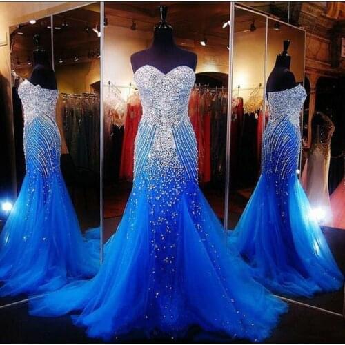 Sparkly Rhinestone Crystals Mermaid Prom Dresses 2018 Off Shoulder Royal Blue Shiny Long Evening Dress Vestido de festa longo
