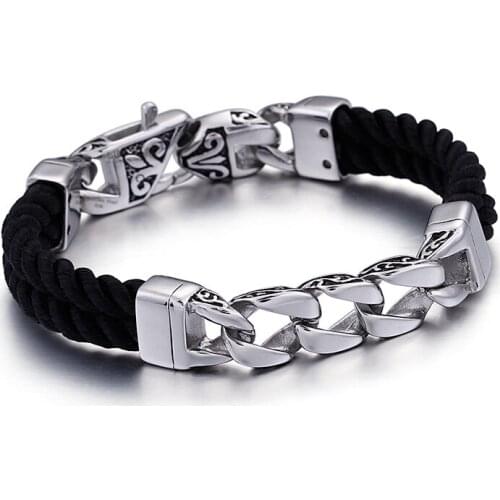Black Genuine Leather Bracelet Wristband Mens Stainless Steel Cuban chain bracelet Mens Gifts Jewelry 12mm 8.66'' vintage
