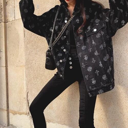 Print Cross Black Jean Jackets Turn-Down Collar Long Sleeve Regular Women Denim Coats 2021 Loose Fashion Autumn Cowboy Outerwear