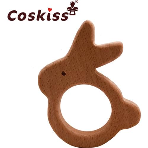 Coskiss Baby Wooden Teether Beech Wood Cartoon Rabbit Teething Toys Montessori Inspired Nursing Pendant Baby Teether