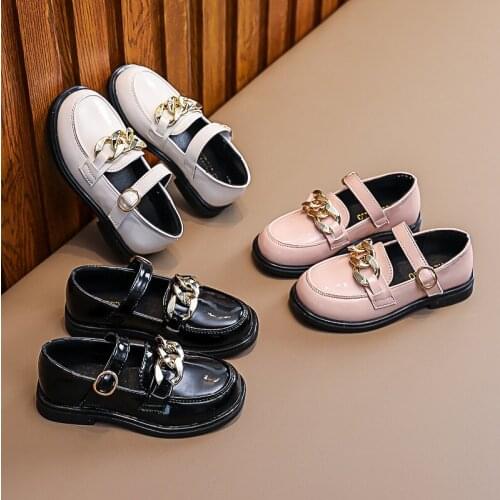 Kids Leather Shoes for Girl Black Metal Chain Shiny PU Autumn School Shoes for Girls 2021 Princess Girl Low Heels Soft Sole Shoe