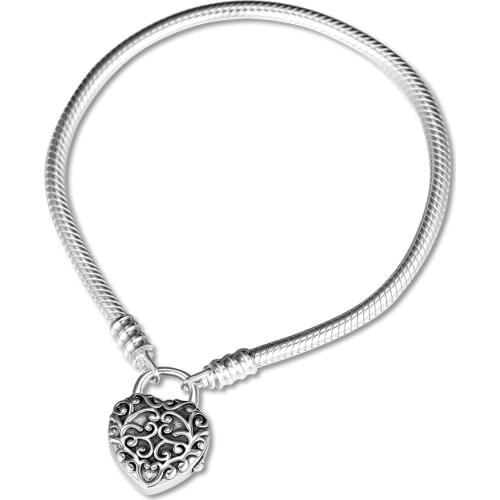 Smooth Silver Padlock Bracelet Regal Heart For Woman DIY Beads & Charms Authentic Silver Fashion Jewelry Bracelets