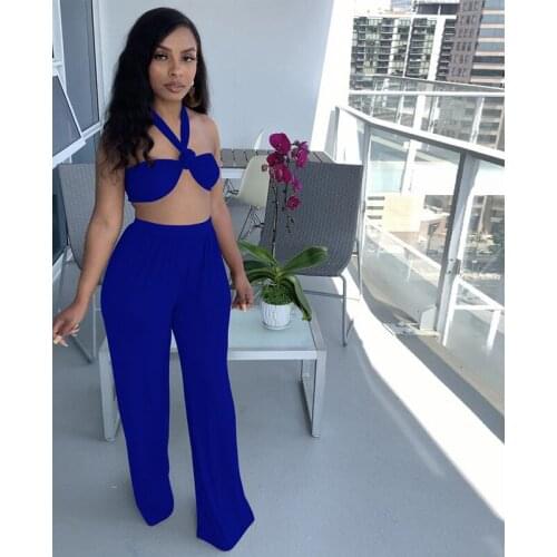 TNNAOFF Summer Two Piece Outfits for Women Backless Bandage Draped Crop Top Sexy Wide Leg Pants Streetwear Club Matching Sets