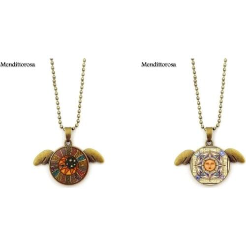 Mendittorosa Sun and Moon Jewelry With Bronze Plated Glass Cabochon Choker Long Angel Wings Pendant Necklace For Women