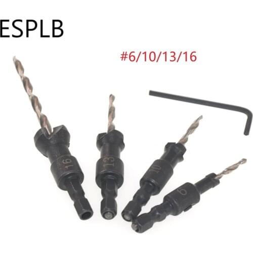 ESPLB 4pcs 1/4 inch Hex Shank HSS Countersink Drill Bit Set #6 #10 #13 #16 Sink Holes Drilled Carpenter Woodworking Chamfer Tool