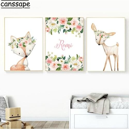 Fox Deer Woodland Animal Print Custom Name Canvas Poster Pink Flower Painting Nursery Wall Art Pictures Baby Girl Room Decor