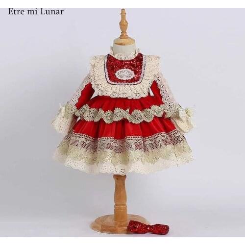 2021 New Hot Flower Girl Dresses Wine Red Long Sleeves Lace Sequins Bow Baby Birthday Party Dress Ball Gowns L4336