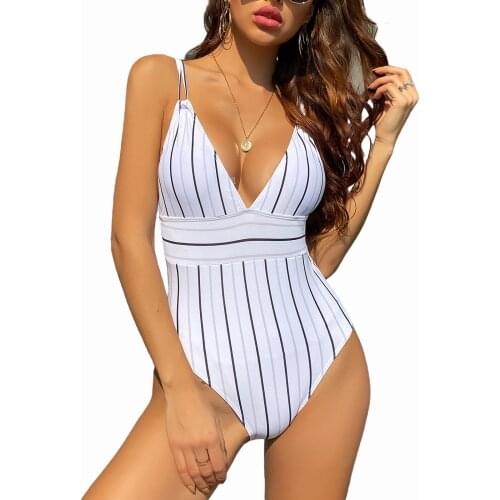 2021 newest fashionable Female Swimwear Girls Striped Deep V-Neck Sleeveless Bathing Suit for Summer White S/M/L/XL