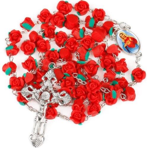 New Arrival 8mm Polymer Clay Rose Beads Rosary Catholic Necklace With Holy Soil Medal Crucifix Prayer Religious Cross Necklaces