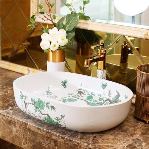 Oval shape butterfly pattern Artistic Porcelain Bathroom Sink Wash Basin Ceramic Bathroom Sink oval wash basin