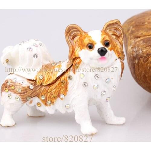 Papillon Dog Figurine Papillon Dog Bejeweled Czech Rhinestone Enamel Trinket Hinged Gift Box Papillon Jewelled Trinket Box