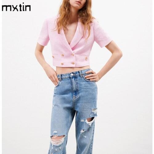 MXTIN 2021 Women Vintage Double Breasted Pink Tweed Short Jacket Coat Fashion Pockets Outerwear Casual Chic Tops Chaqueta Mujer