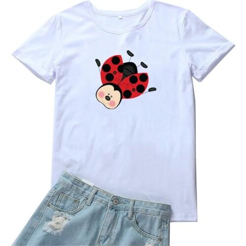 Ladybug Graphic T-shirt Women Cute Cartoon Insect Print Tees Women Cotton Short Sleeve Women Tshirt Casual White T Shirt Women