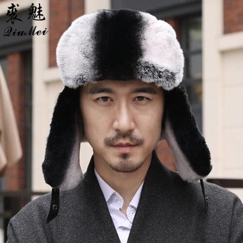 Genuine Sheepskin Hat Men Winter Elderly Outdoor Thicken Warm Ear Protection Cotton Lined Hat Rex Rabbit Fur Real