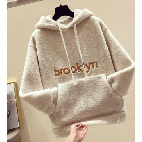 Sweatshirt Women New Winter Thick Hoodies Warm Cashmere Hoodies Solid Hooded Sweatshirt Fleece Casual Tops Letter Hoodies Female