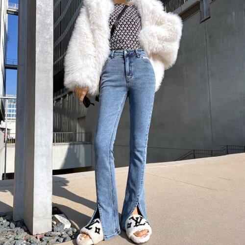 Womens Slim Split Trumpet Jeans 2021 New High Waist Floor Length Flare Denim Pants Casual Flare Trousers For Women