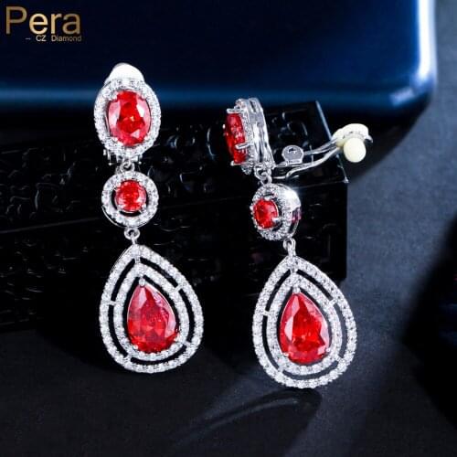 Pera Brilliant Red Cubic Zirconia Long Water Drop No Pierced Ear Clip on Earrings Non Piercing Earring Jewelry for Ladies E623
