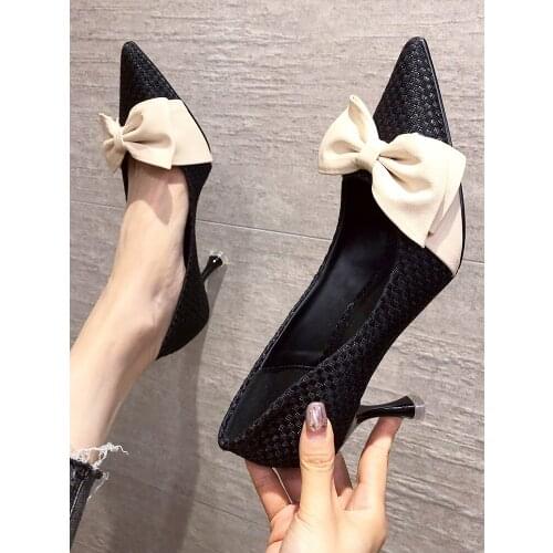 Womens high heels 2021 new spring and autumn Korean girl style pointed bow slender heel shows temperament