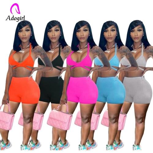 Neon Women 2 Piece Set Off Shoulder 2021 Summer V Neck Tank Top + Skinny Biker Shorts Set Activewear Fitness Workout Tracksuits