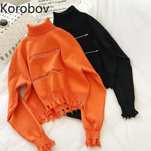 Korobov 2020 New Arrival Turtleneck Women Sweaters Vintage Zipper Batwing Sleeve Female Pullovers Preppy Style Streetwear Top