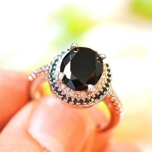 Antique Black Stone Big Oval Crystal Female Ring Luxury Silver Color Solitaire Engagement Ring Vintage Wedding Rings For Women