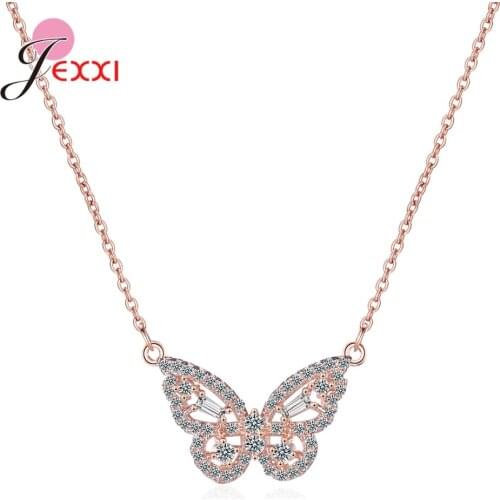 Romantic Wedding Ins Hot 925 Sterling Silver Crystal Butterfly Pendant Necklaces Women Short Clavicle Chain Jewelry