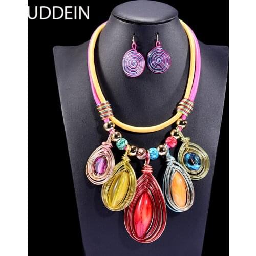 UDDEIN Ethnic Big Color Resin Gem Pendant Handmade Wind Double Leather Chain Necklace Party Jewelry Collar African Necklace Set