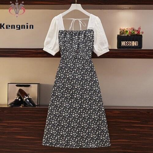 2021 Summer Oversized Dress Women Dress Print Floral Patchwork Ladies Vestidos Dresses Hollow Out Black Female Robe Dress KE1103