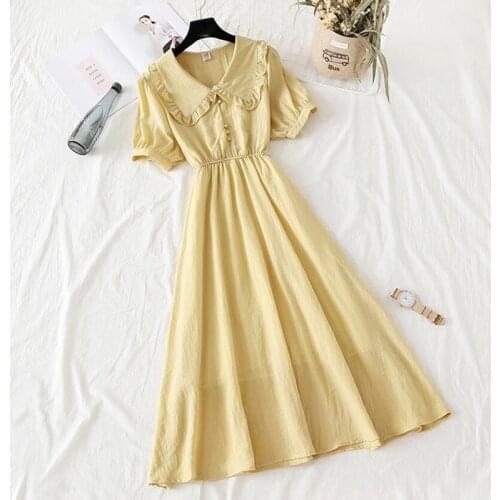 Vintage Short Sleeve Women Dress Doll collar High Waist White Cotton linen Long Dresses Female Elegant Summer Dress 2021